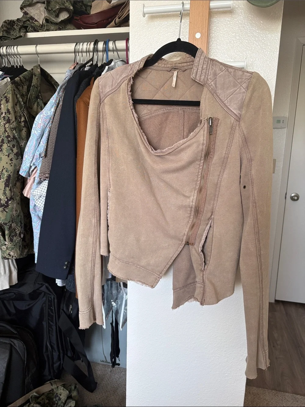 Free People Distressed Taupe Suede-Look Asymmetric Zip Jacket